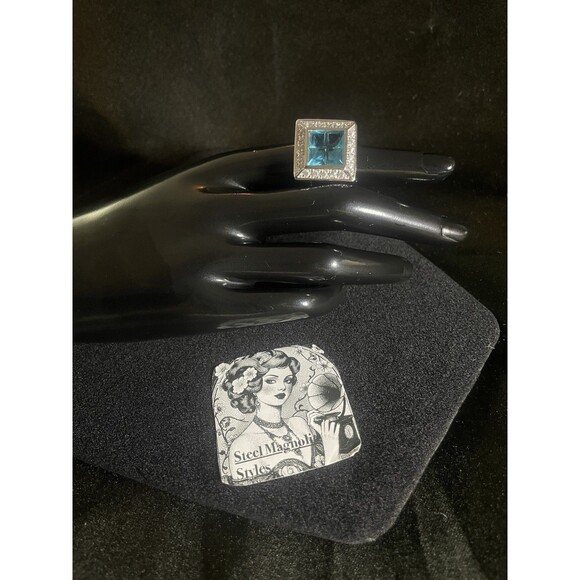 Vintage Signed Prime Art & Jewel Etched Aquamarine Sterling Silver Ring Sz 6 - Picture 3 of 6